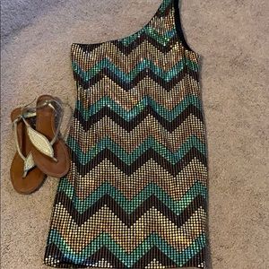 One shoulder multi color sequin Mini dress